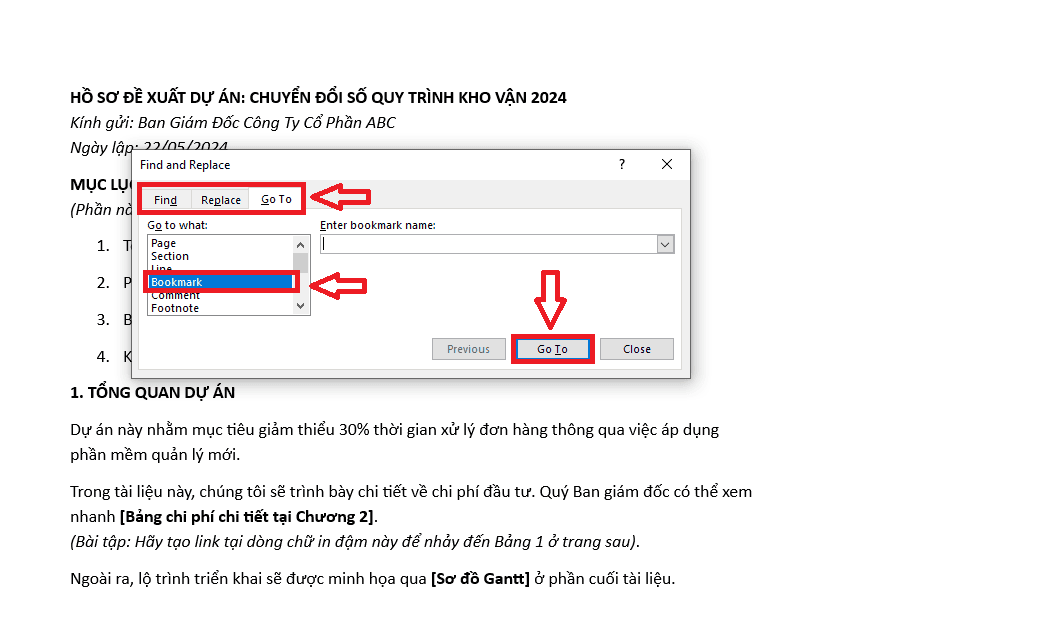 Tìm kiếm và di chuyển Bookmark trong Word (Navigation)