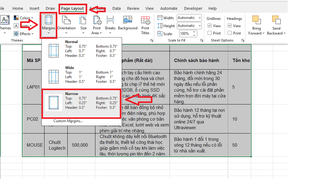Chuyển đổi hướng giấy và căn lề (Orientation & Margins)