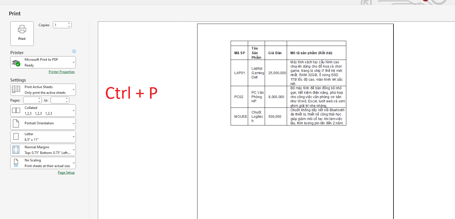 Thiết lập nhanh trong hộp thoại Print (Fit to One Page)
