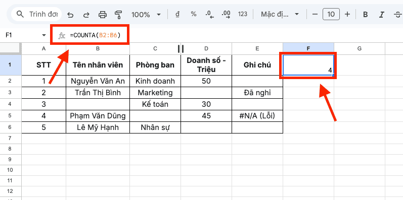 Hàm COUNTA – Đếm tất cả các ô có chứa dữ liệu