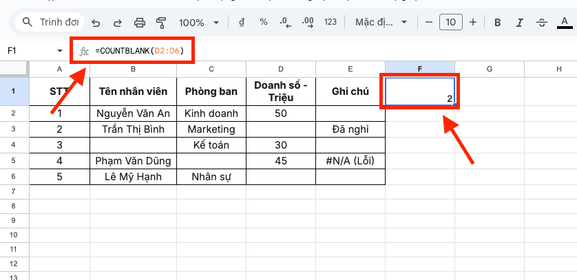 Hàm COUNTBLANK – Đếm các ô trống hoàn toàn