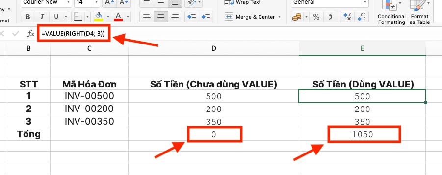 Ví dụ lỗi định dạng số thành văn bản