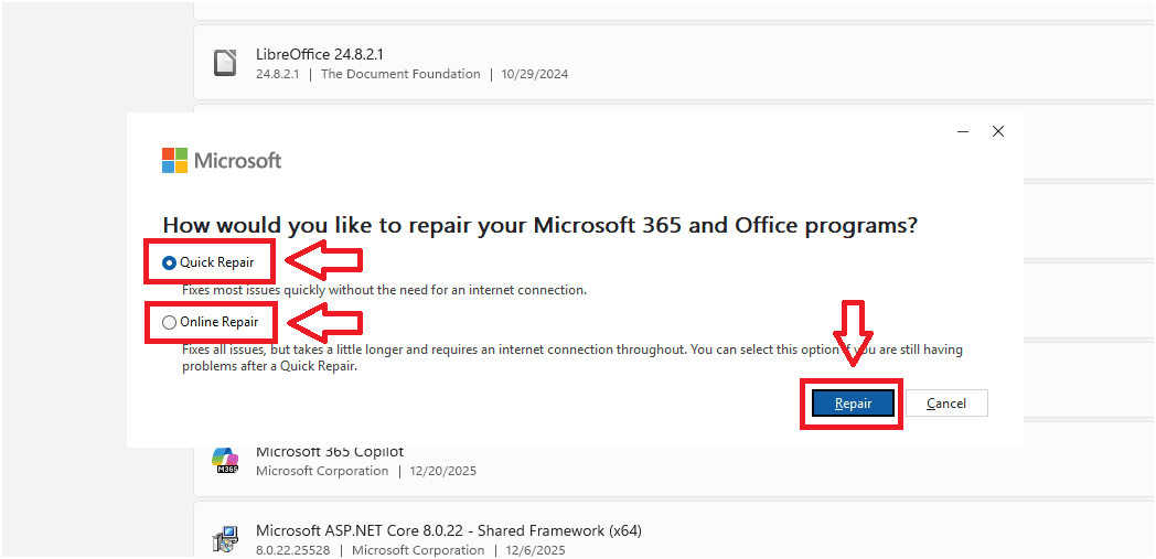 Cách sửa lỗi bằng tính năng Repair Office