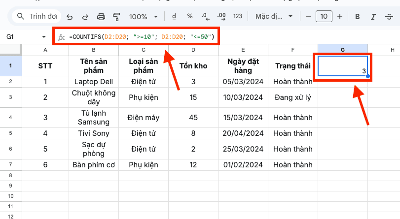 Đếm dữ liệu nằm trong một khoảng giá trị