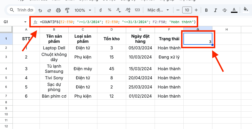 Đếm dữ liệu theo ngày tháng và trạng thái công việc