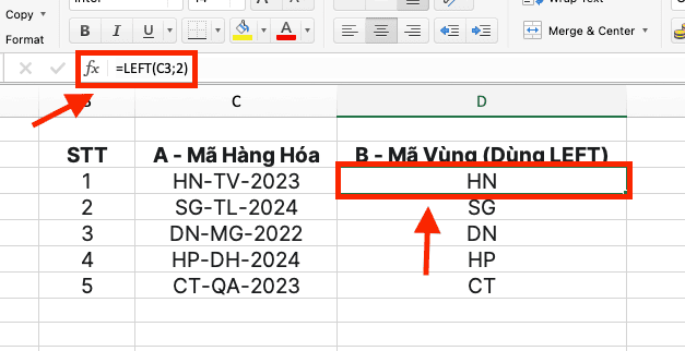 Ví dụ sử dụng hàm LEFT