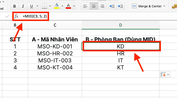 Ví dụ sử dụng hàm MID