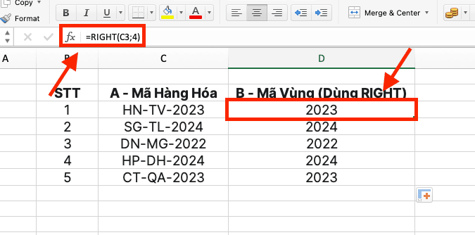 Ví dụ sử dụng hàm RIGHT