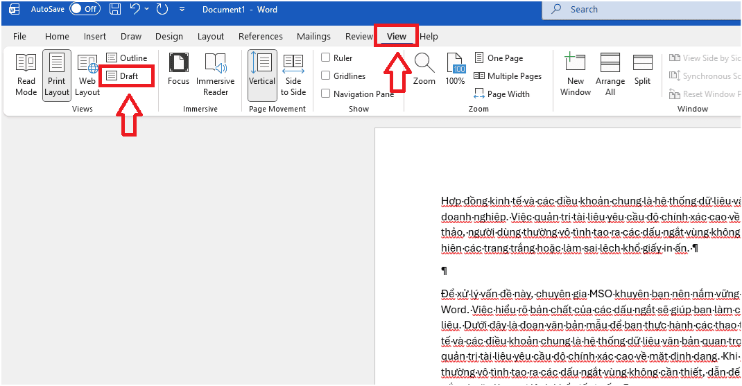 Sử dụng chế độ xem Draft View để quản lý cấu trúc văn bản