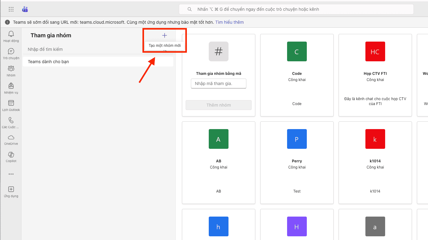 Nhóm -> chọn Tham gia hoặc tạo nhóm -> nhấn nút Tạo nhóm