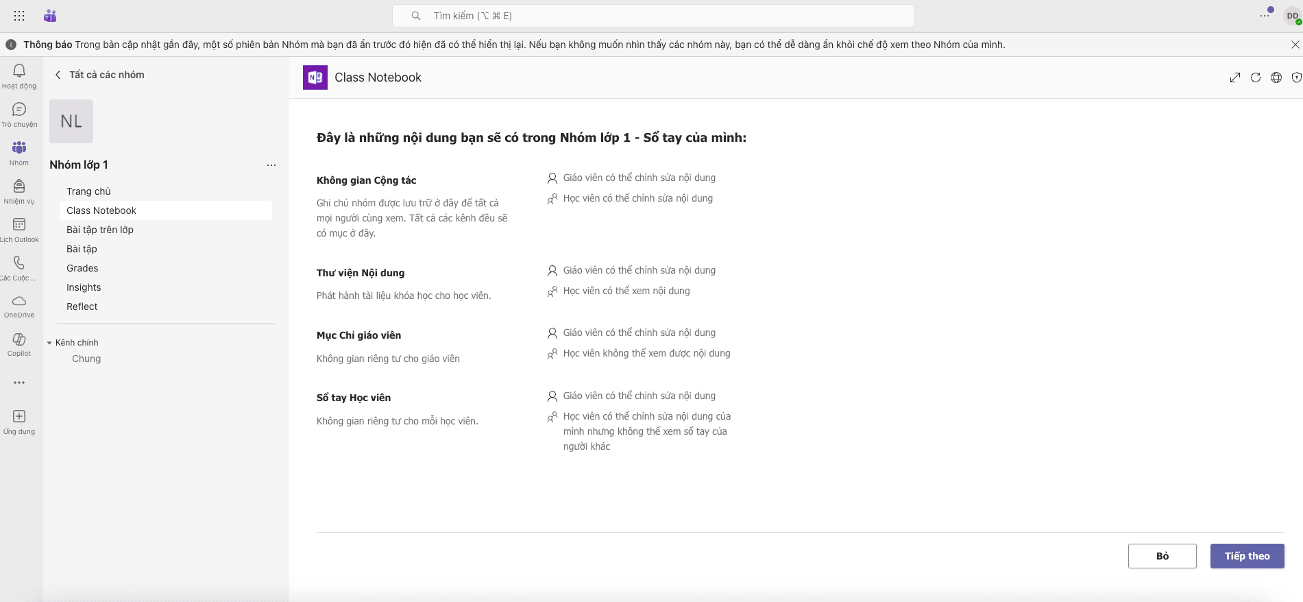 Thiết lập Sổ tay lớp học (OneNote Class Notebook)