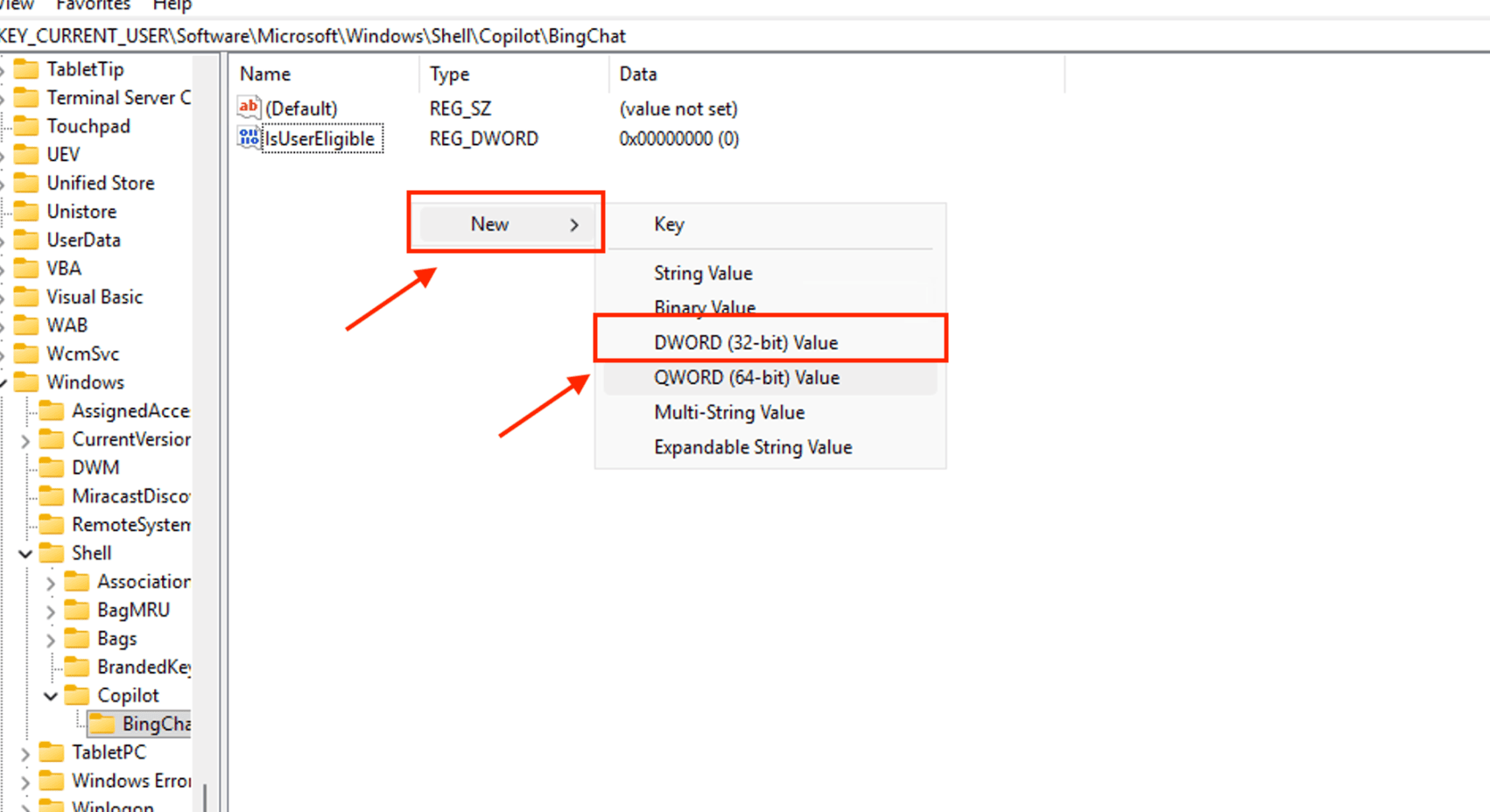 Thực hiện lệnh bổ sung các khóa giá trị cần thiết