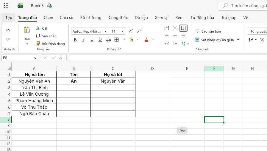 Các bước thực hiện lệnh tách họ và tên chi tiết