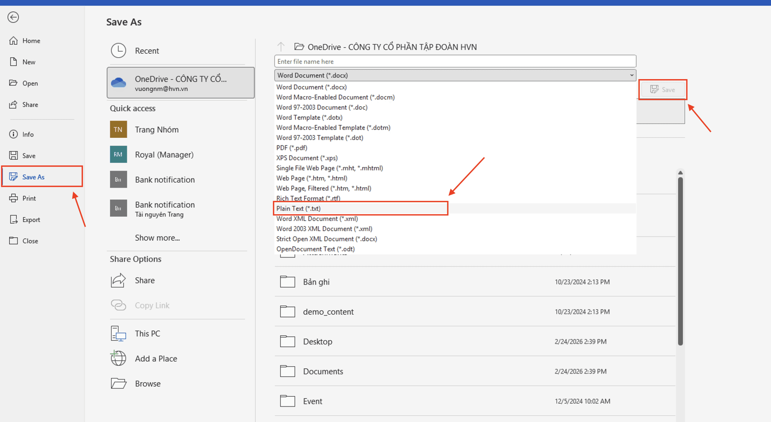 Lưu tệp dưới dạng Plain Text (.txt)