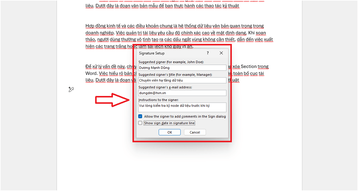 Quy trình thực hiện lệnh thiết lập cấu hình Signature Line