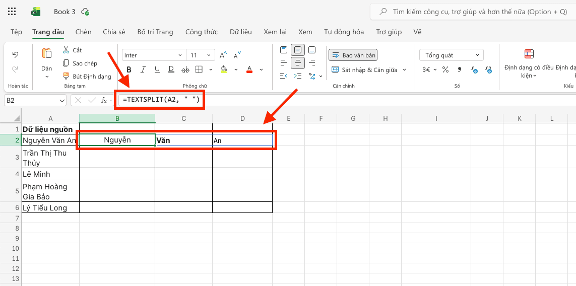Quy trình thực hiện lệnh TEXTSPLIT chuyên sâu