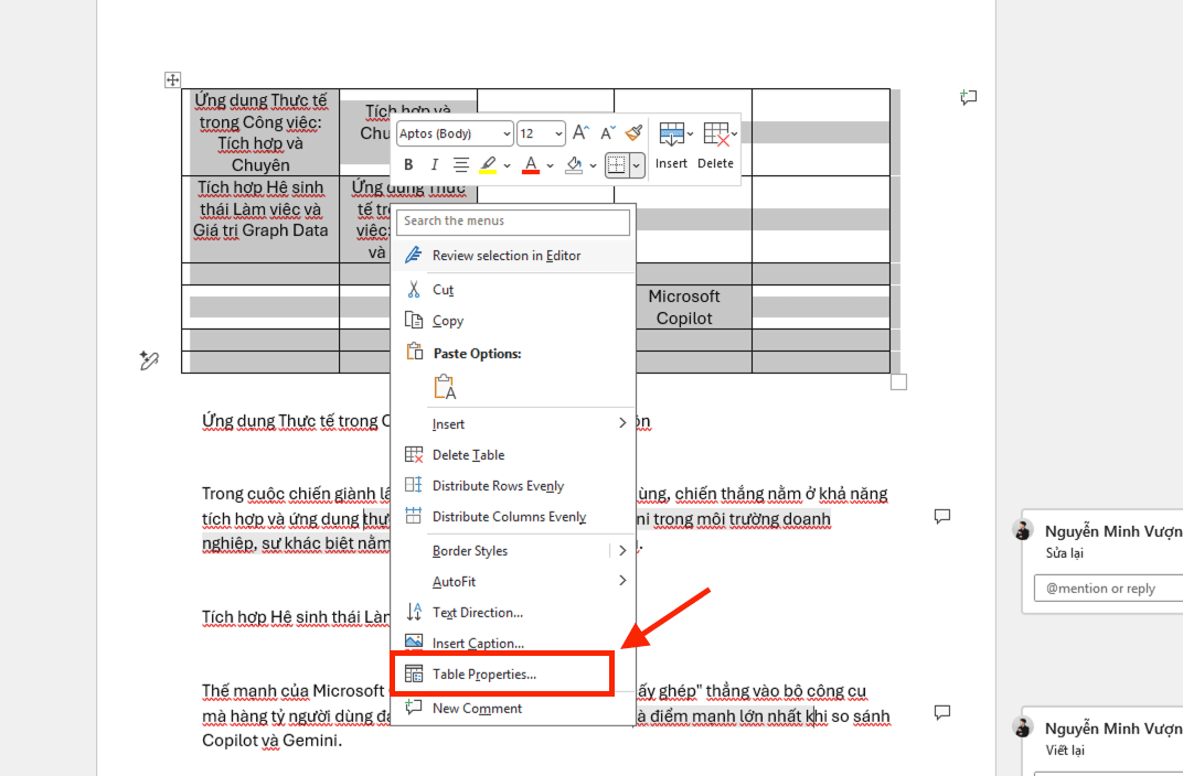 Hướng dẫn cách căn giữa ô trong bảng trên Word thông qua Table Properties