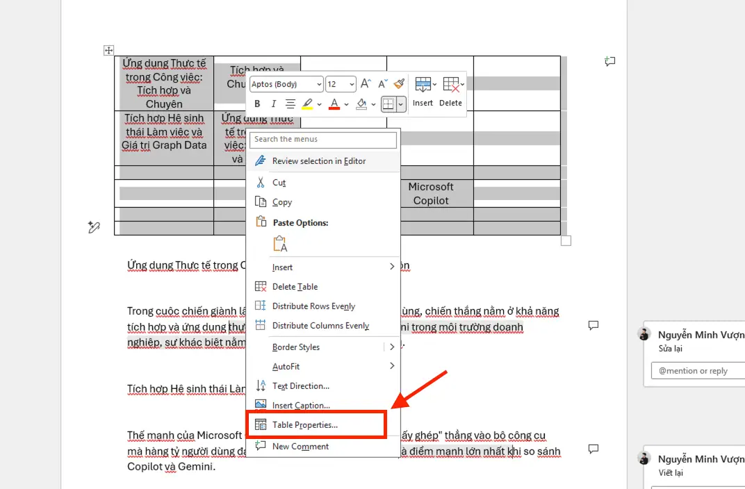 Hướng dẫn cách căn giữa ô trong bảng trên Word thông qua Table Properties