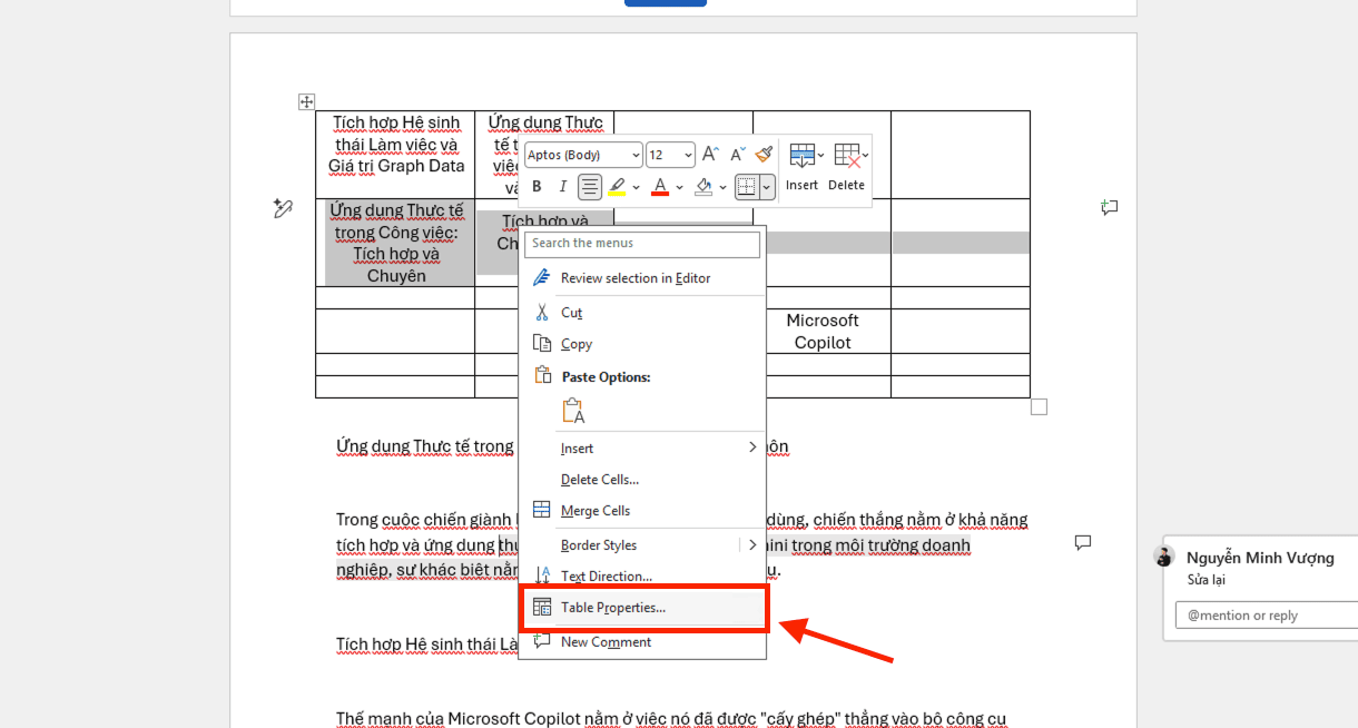 Cách di chuyển bảng trong Word qua Table Properties