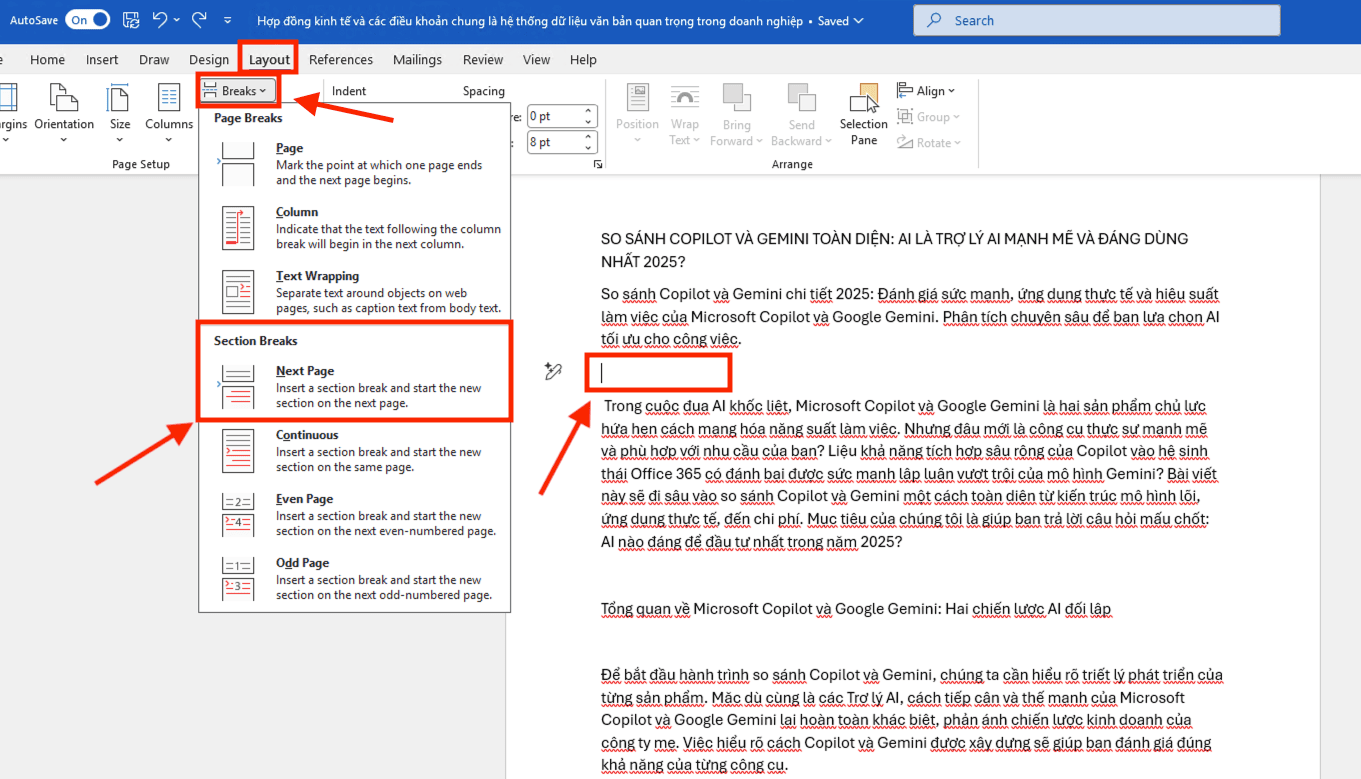 Cách xoay ngang 1 trang bất kỳ trong Word bằng Section Break