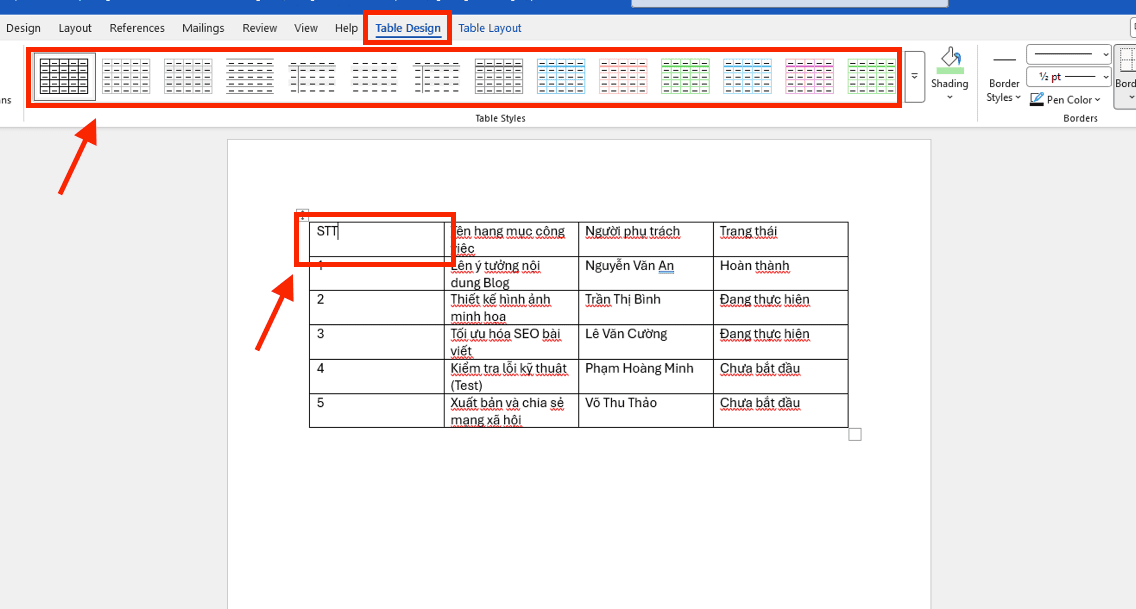 Hướng dẫn chèn màu nền bảng Word tự động với Table Styles