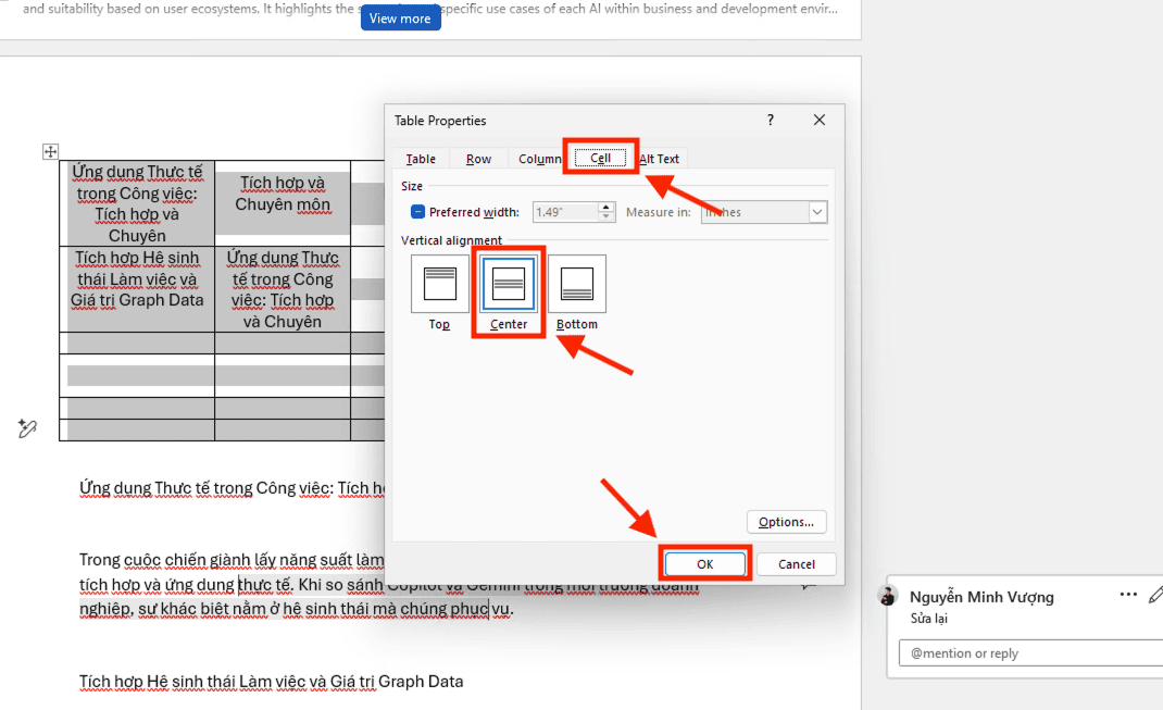 Hướng dẫn cách căn giữa ô trong bảng trên Word thông qua Table Properties