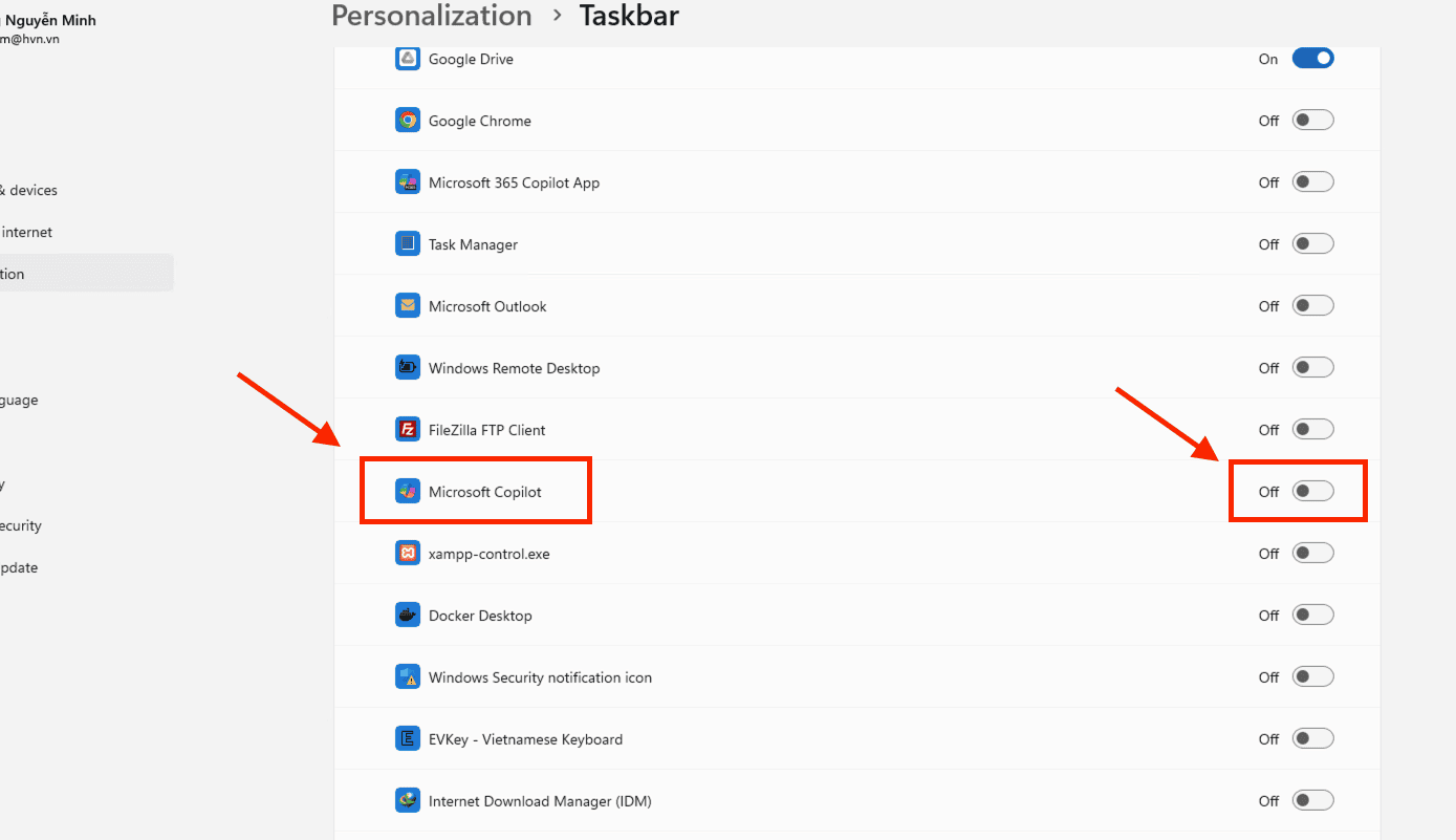 Tắt Copilot thông qua Taskbar Settings