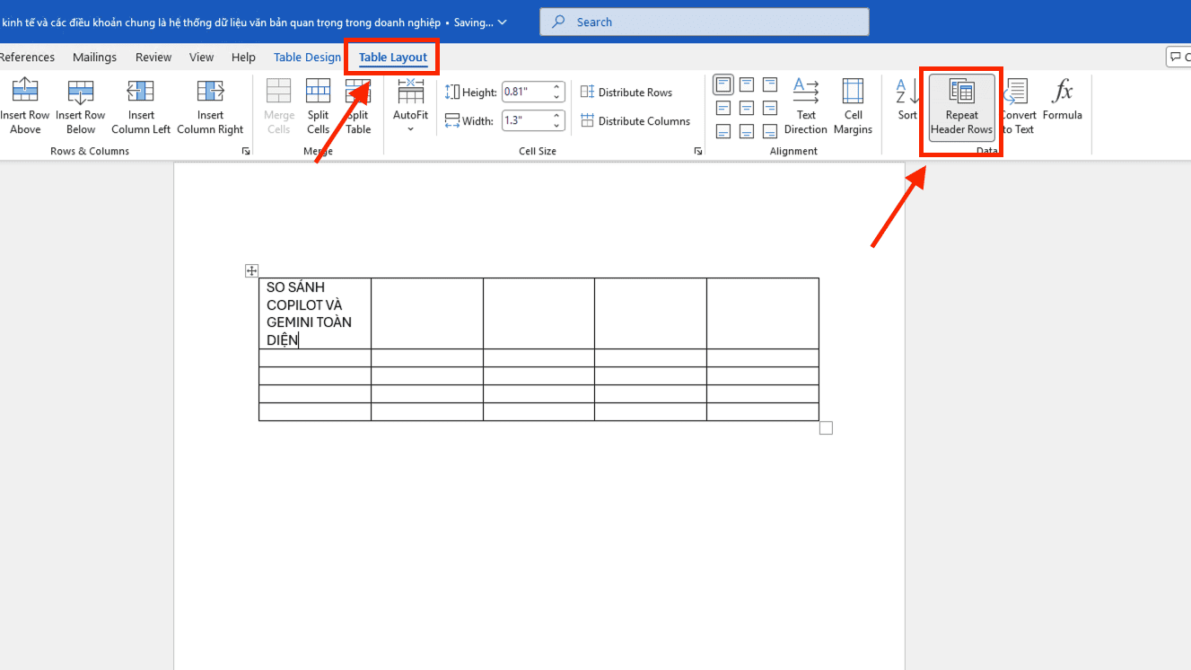 Thực thi lệnh Repeat Header Rows để đồng bộ hạ tầng