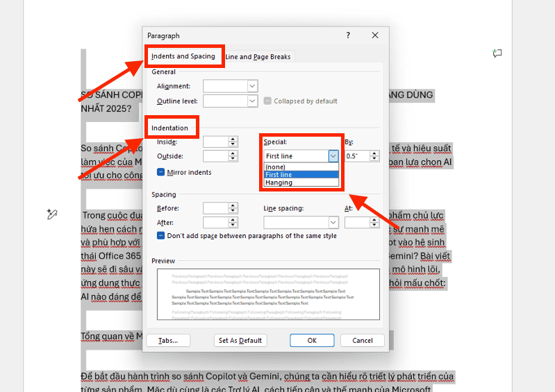 Thiết lập lệnh thụt lề tự động
