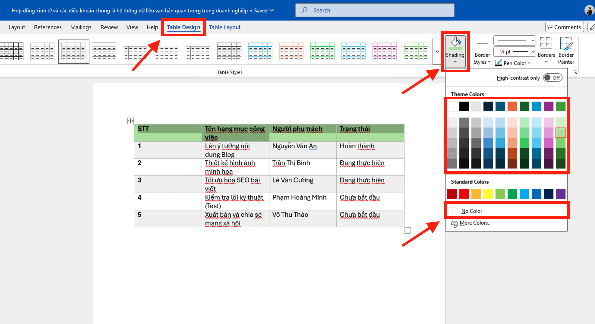 Cách xóa hoặc thay đổi màu nền bảng Word nhanh chóng