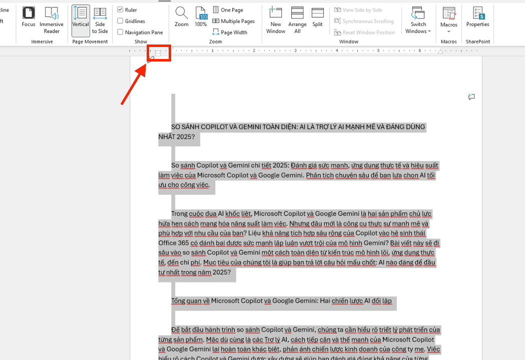 Cách thụt lề dòng đầu tiên trong Word bằng thước Ruler