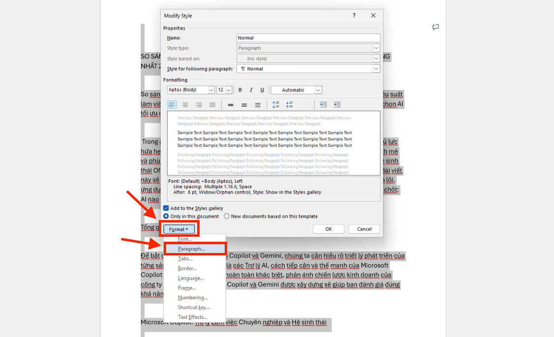 Truy cập cài đặt Paragraph