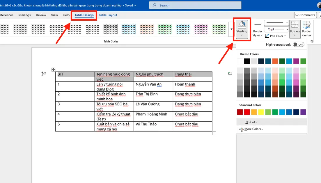 Chèn màu nền bảng Word thủ công bằng công cụ Shading