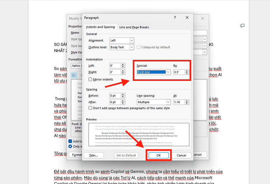 Thiết lập thông số thụt lề