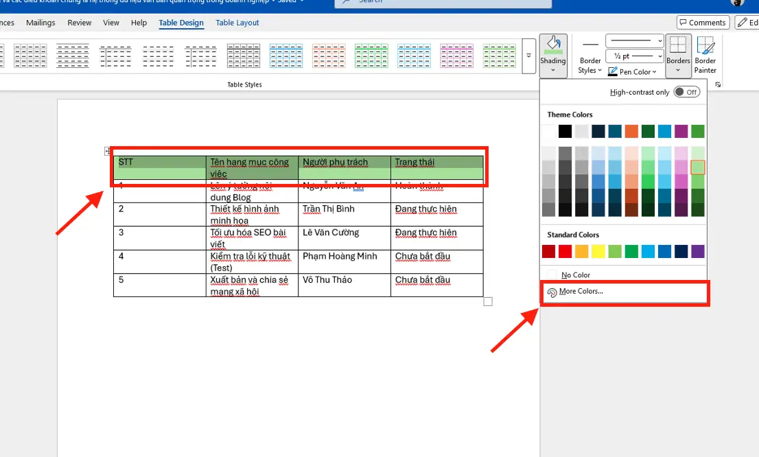 Chèn màu nền bảng Word thủ công bằng công cụ Shading