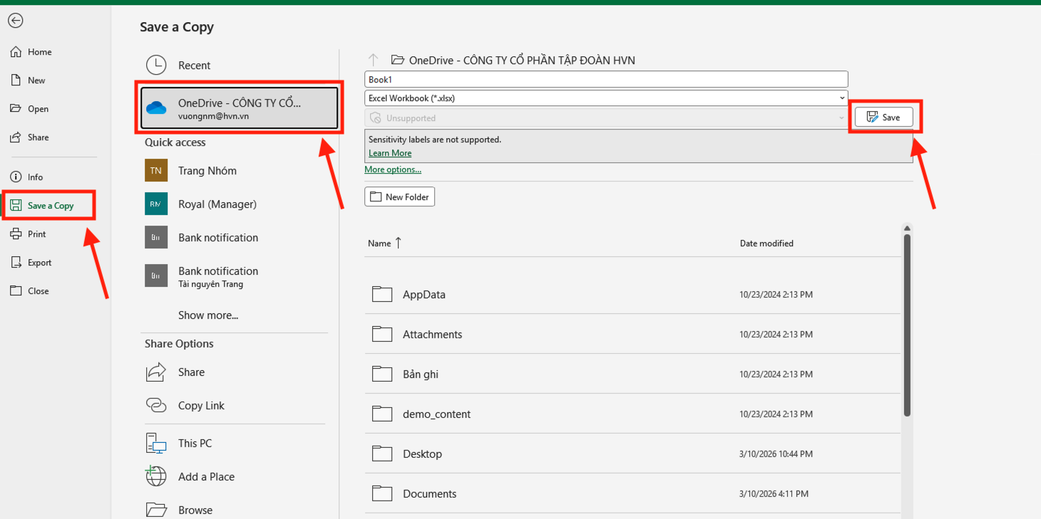 Cách lưu file Excel vào OneDrive trực tiếp từ ứng dụng