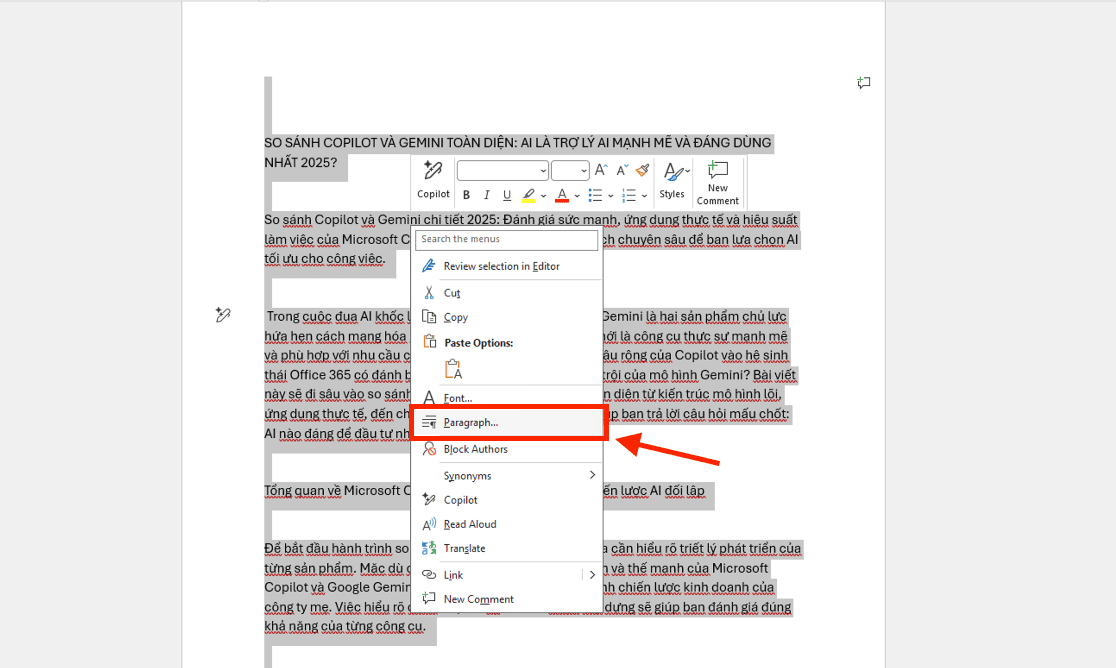 Mở cửa sổ thiết lập Paragraph