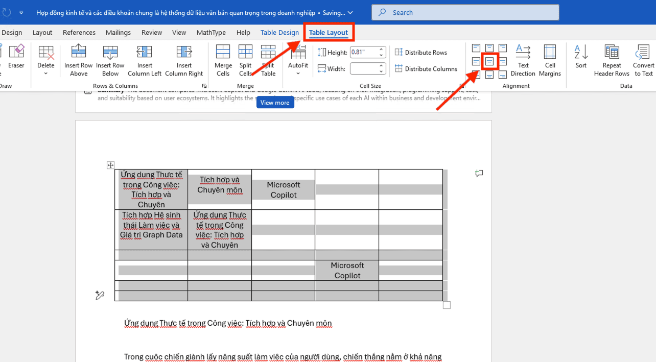 Hướng dẫn căn giữa ô trong bảng trên Word qua thanh công cụ Layout