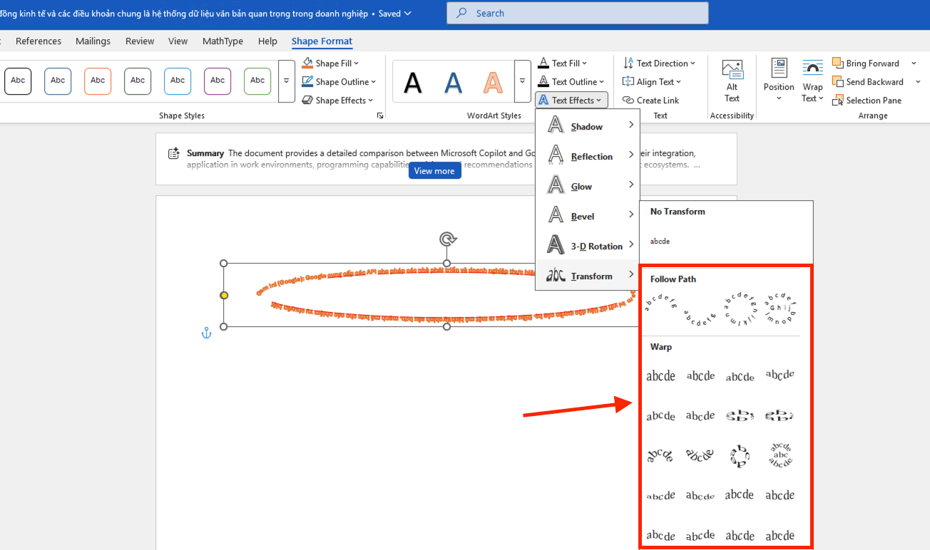 Hướng dẫn cách tạo chữ uốn cong trên Word bằng phân hệ công cụ Transform