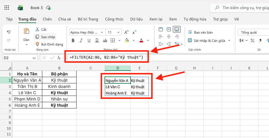 Hàm FILTER: Điều phối dữ liệu theo điều kiện xác định