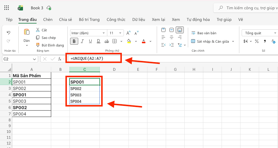 Hàm UNIQUE: Trích xuất các giá trị đơn lẻ trong bảng tính