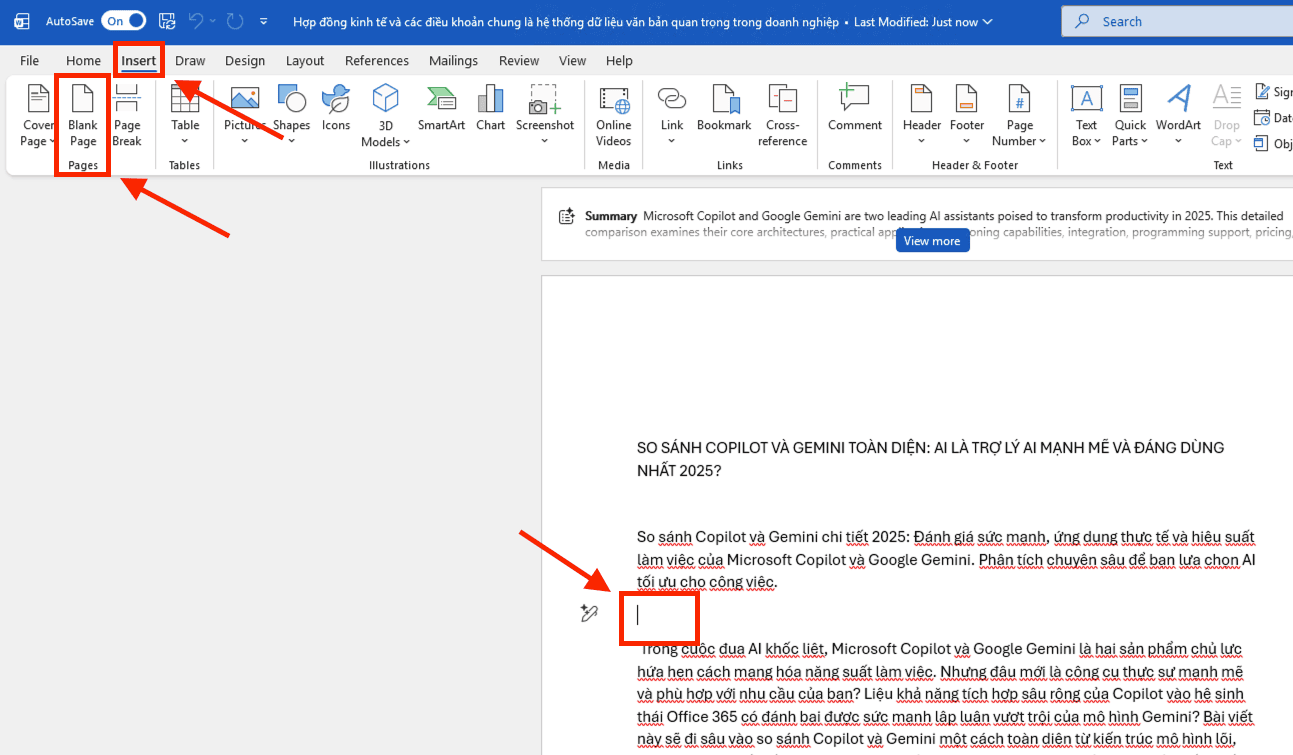 Cách thêm trang mới trong Word bằng tính năng Blank Page