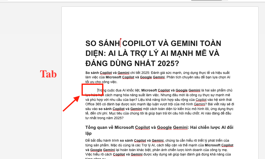 Cách thụt lề dòng đầu tiên trong Word bằng phím Tab (Thủ công)