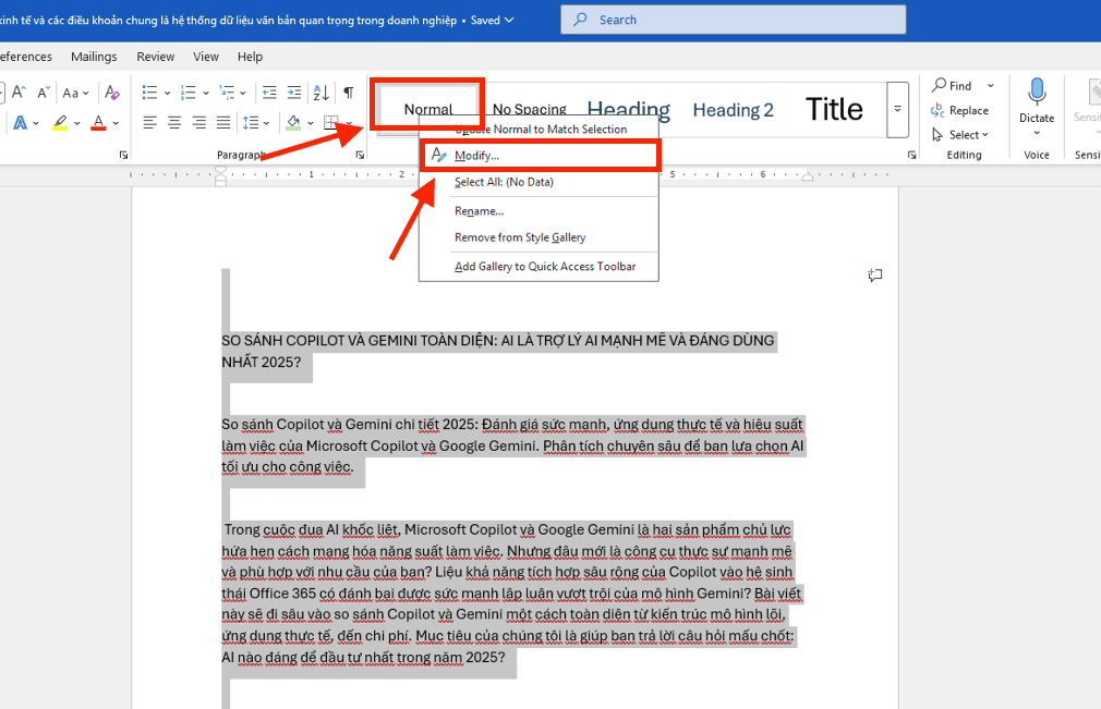 Tìm bảng chọn Style
