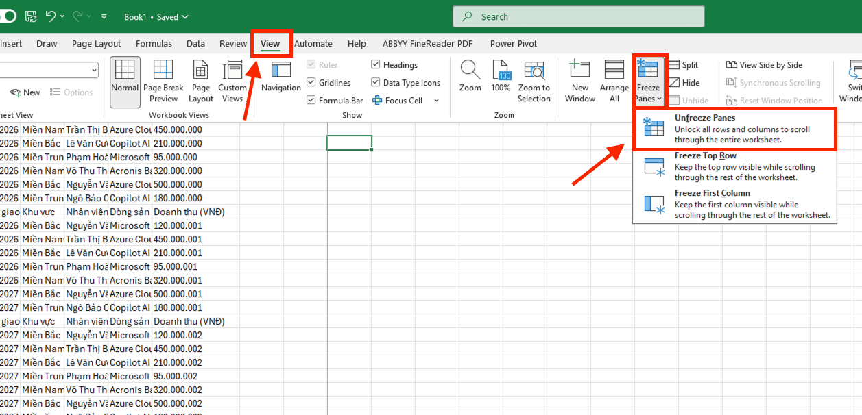 Hủy bỏ quy trình vận hành đóng băng ô (Unfreeze Panes)