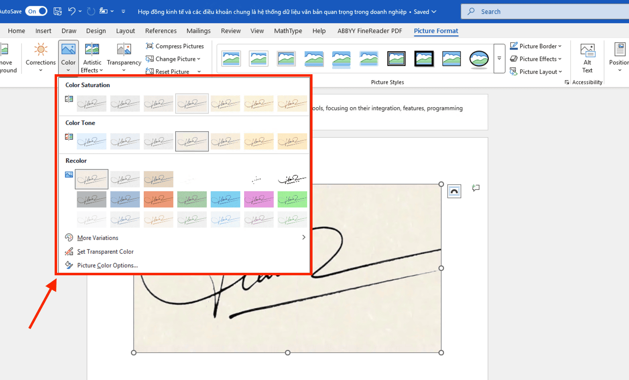 Hướng dẫn xóa nền ảnh chữ ký trong Word bằng điều chỉnh độ tương phản