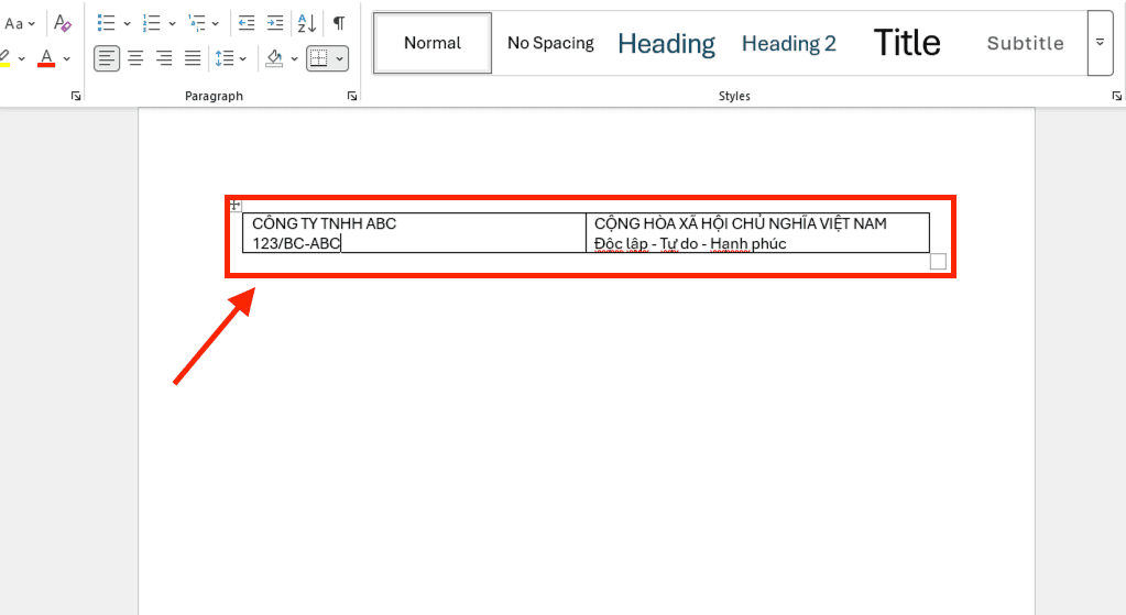 Cách viết Quốc hiệu Tiêu ngữ trong Word bằng phương pháp chèn bảng (Table)