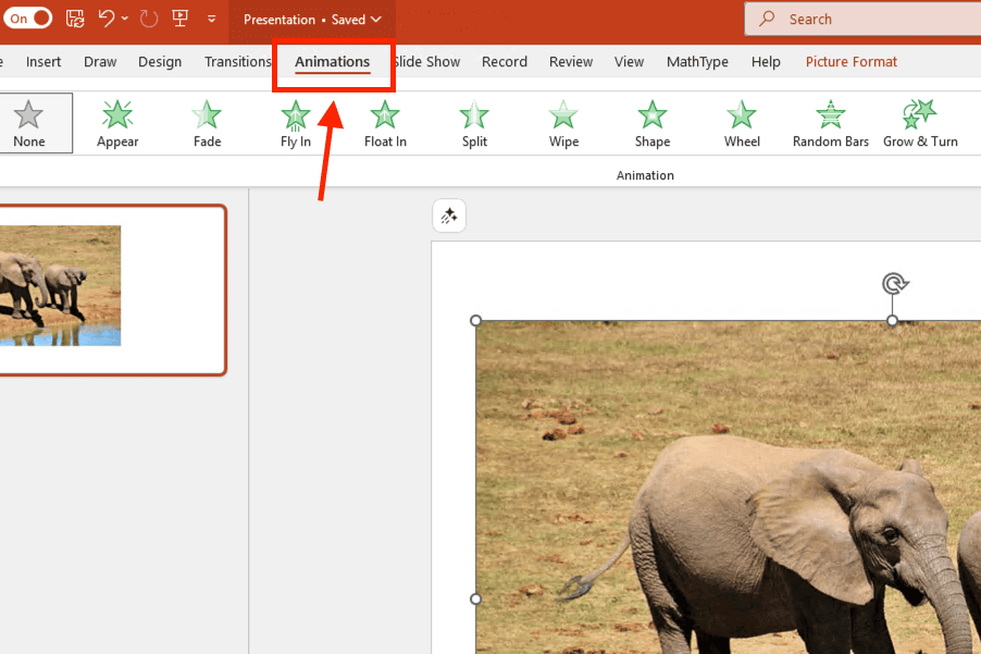 Truy cập thẻ Animations trên thanh công cụ
