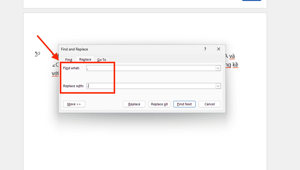 Cách đổi dấu phẩy thành dấu chấm trong Word bằng tính năng Find & Replace
