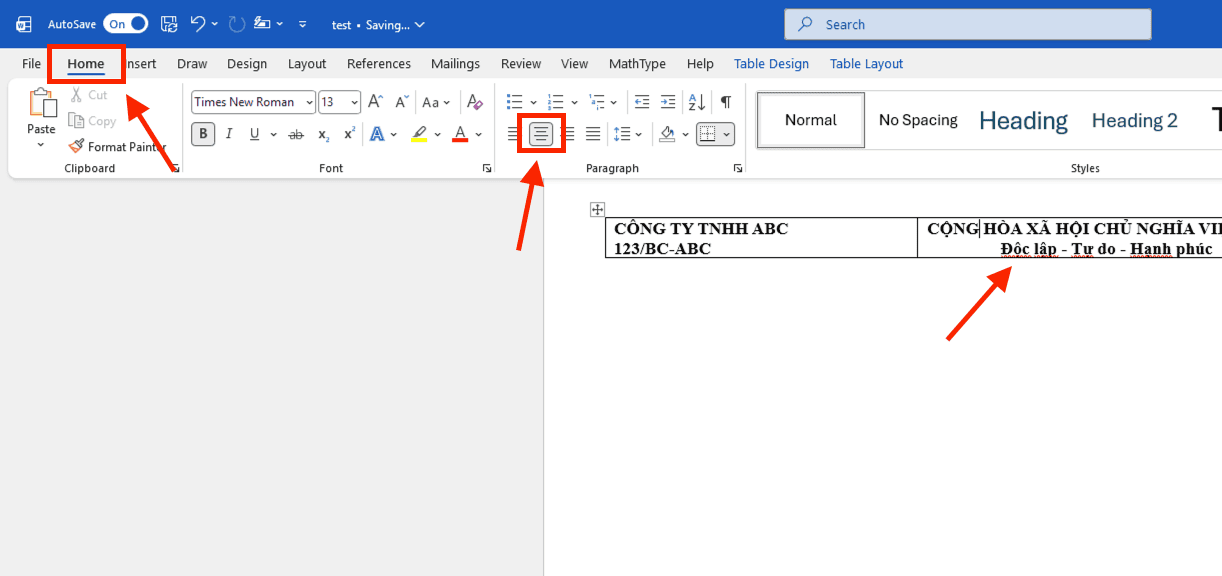 Cách viết Quốc hiệu Tiêu ngữ trong Word bằng phương pháp chèn bảng (Table)